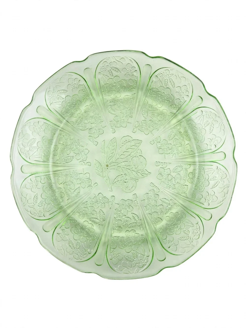 Vintage Anchor Hocking Cherry Blossom Uranium Glass 6pc Set 3 Bowl,3 Saucers Set